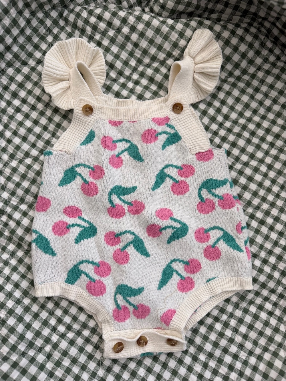 Little Lass Cream Knit Cherry Romper 3/6M